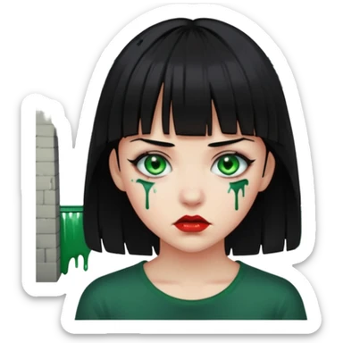 Guria com cabelo preto franjinha sangrando olhos verdes  fundo preto e um piercing bridgepiercing sticker