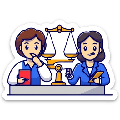 female notary with justice scale and stamp, phoning with another woman sticker