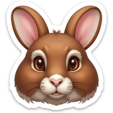 Cinematic Noble Brown Rabbit Portrait Emoji, Poised and regal, with a sturdy, compact build and a rich, velvety brown fur, long, alert ears and deep-set soulful brown eyes, Simplified yet sharp and sophisticated features, highly detailed, glowing with a warm, dignified glow, high shine, intelligent and gentle, stylized with an air of rustic elegance, focused and attentive, soft glowing outline, capturing the essence of a watchful and confident companion, so majestic it feels as though it could hop out of the screen with effortless authority! sticker