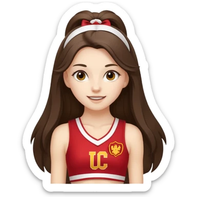 skinny white happy long haired brunette girl in a white USC cheerleader costume sticker