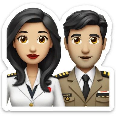 Flight attendant with long black hair, red lips and white skin with a pilot man with beige skin and black hair sticker