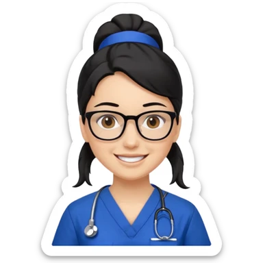 Nursing Assistant Training Completed, white woman, black hair in ponytail, brown eyes, black glasses, royal blue scrubs smiling happy sticker