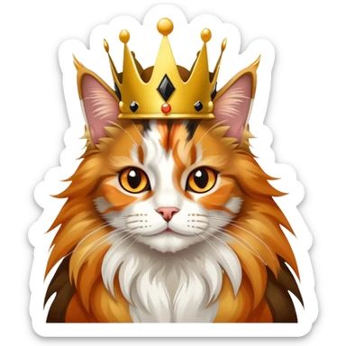calico maine coon cat with orange, black and white patches wearing a golden crown sticker