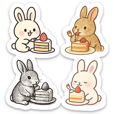 cute rabbit eating cake, various artistic styles sticker
