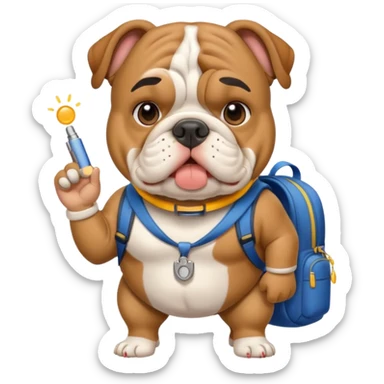 English bulldog tour guide with a whistle and backpack sticker