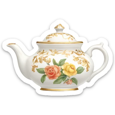 white antique tea pot with floral design and gold trim sticker