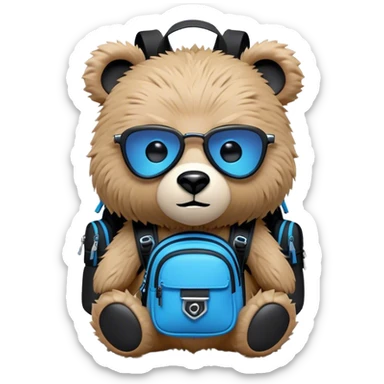 3D, adorable little Pixar style blue neon punk bear with a black backpack, ultra detailed, each lash, eye, and strand of fur is shown in stunning detail as though captured in a timeless photograph, rich textures, visually rich, so lifelike it feels like it could leap off the page at any moment sticker