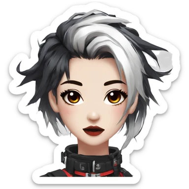 Gorgeous techwear anime style lady with blushing face aesthetic and pretty edgy black red white punk messy hair with collar and harness trending style sticker