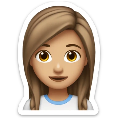 Una chica con el pelo castaño clarito liso con la raya al medio, tez en un tono un poco moreno, ojos marrone muy oscuros, sin pecas, nariz recta, con bastante pecho y la ropa de color azul sticker