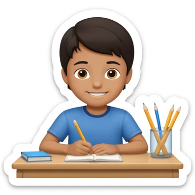 Little nice boy straight a student dark hair really tan skin sitting in desk with smile sticker