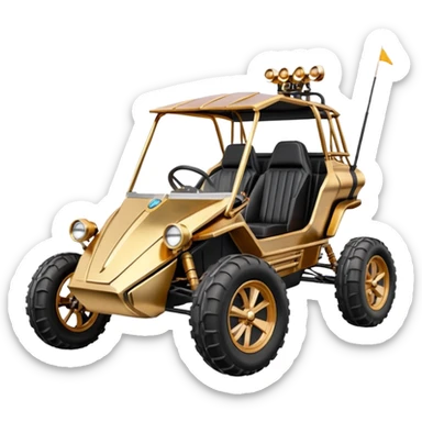 Old American West tarnished neon underglow C-3PO bounty hunter 1854 delicately ornate rosegold accents painted dune buggy buckboard wagon powered by electric motors and batteries with safety and belts flying rapidly roughening terrain stable on strong agile advanced suspension and steering sticker