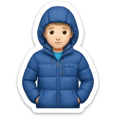A man sitting on a chair, wearing a puffed coat with hood, hands in his pocket, freezing in the winter sticker