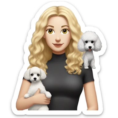 white woman with long blonde hair and cat shaped eyes wearing a yoga outfit standing alongside a black/white poodle sticker