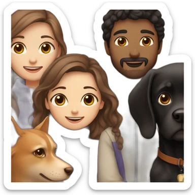 A girl with long brown hair, a guy with black hair and a beard, a small black dog and a cat of golden color with cinnamon sticker