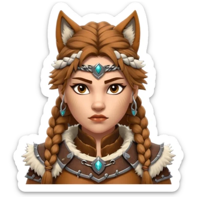 barbarian woman wolf rider portrait, head and shoulders only, fierce female warrior, fur-lined barbarian armor collar, wolf fur details, wild braided hair, intense eyes, tribal warrior vibe, fantasy style, 3D cartoon, mobile game icon style, clean background, no text, no watermark
 sticker