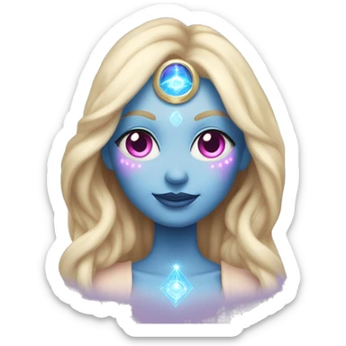 magical diva with thin pink andromedan face long blonde hair and blue eyes glowing third eye sticker