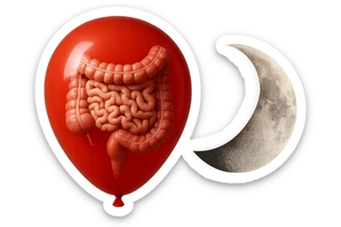 intestino umano anatomico chiuso in un palloncino rosso che simboleggia gonfiore, accanto una mezza luna che simboleggia "gonfiori di sera", iperrealistico 4k sticker