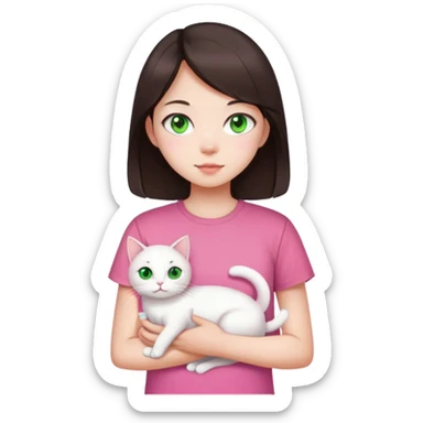 This Chinese girl has fair skin. She has long semi-short dark brown hair and is wearing a pink T-shirt. She is holding a white cat, her cat has green eyes sticker