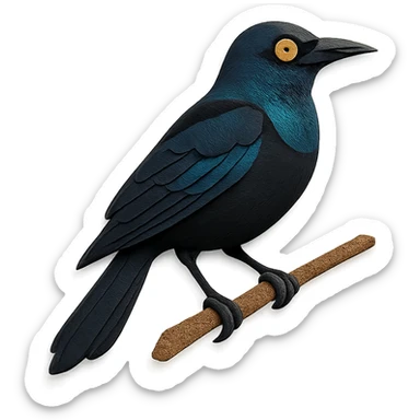 common grackle on a branch, layered paper details, glossy black plumage with blue and green highlights, expressive yellow eye, naturalistic pose sticker