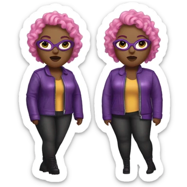 Edgy Plus size black woman with bald short pink curly hair and a purple leather biker jacket with makeup on face. sticker