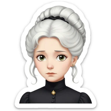 A Victorian woman with elegant coiffed white hair and light eyes wearing a modest black turtleneck mourning dress looking down with a forlorn expression sticker