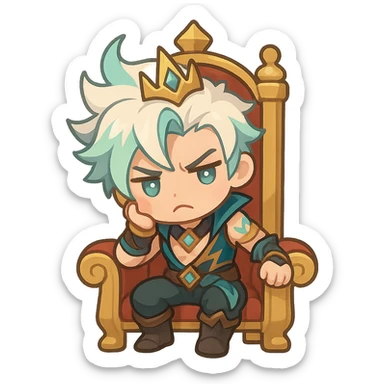 chibi emoji of Soul Fighter Viego sitting on a king's chair, cute and expressive, League of Legends inspired sticker