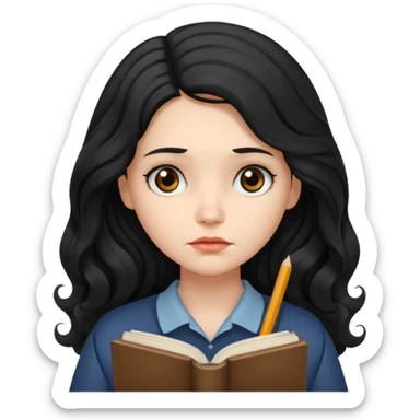 Long Hair Women with Book, Black wavy hair, sad

 sticker