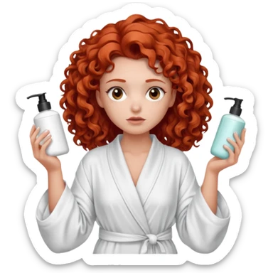 Cartoon emoji of a girl with voluminous curly red hair, fair skin, brown eyes. Wearing a chic milky silk robe with long sleeves, no makeup. Portrait mode, holding 2 moisterizers or different skin care products, looking super doubtful twisted and unsure. she is miserab;e sticker