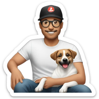 shibba dog resting on a man's lap. white man is wearing a black baseball cap with a red circular logo on it, has 5 o'clock shadow, and wearing clear acetate glasses sticker