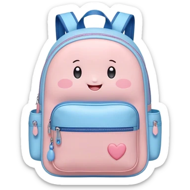 Cute Kawaii Backpack, round and chubby, soft pastel pink and blue, tiny heart-shaped zippers, blushing cheeks, a tiny smiling face, a happy school-time companion! sticker