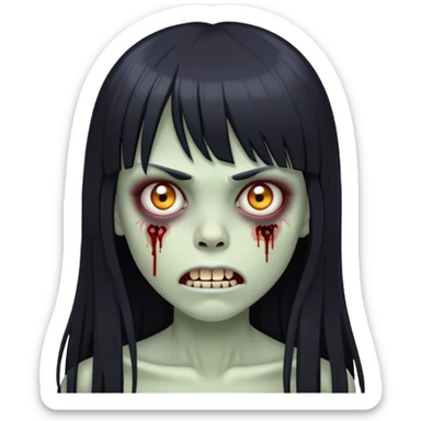 zombie girl with black long hair and bangs with teeth and serious face  sticker