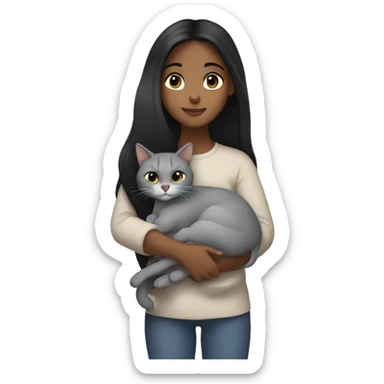 brownskin girl with long black hair cuddling her light gray cat sticker