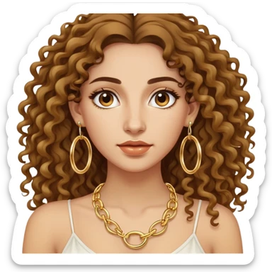 attractive Greek woman with long curly hair and light skin wearing gold hoop earrings and a gold necklace sticker