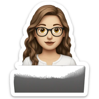 A white girl with long brown hair and glasses holds a laptop sticker