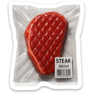 diamond-textured meat steak, shiny and inflated, vacuum-sealed style sticker