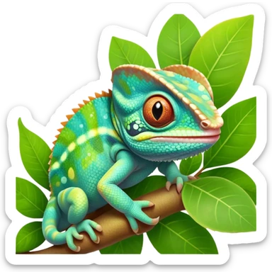 cinematic cute-smiling baby chameleon-realistic emoji,-blending-with-vibrant-greenery.-detailed-scales-in-shifting-colors,-showing-the-chameleon’s-ability-to-camouflage.-soft-natural-light-highlights-its-texture.-nature-background, zoomed into its face sticker