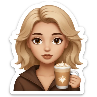 cozy warm-toned emoji girl with soft bronzy eyeshadow, fluffy brows, caramel shimmer, glossy nude lips, light contour, tousled hair, latte-inspired look sticker