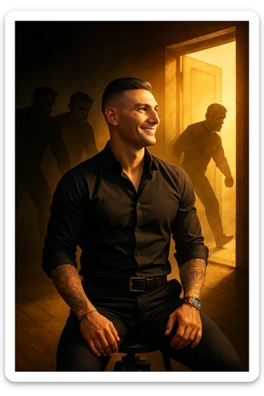 a man stands confidently in a sunlit room, facing away from a group of dark, shadowy figures with harsh or angry expressions who are walking out the door. The man’s posture is upright and relaxed, his face calm and relieved. Warm light fills the space, symbolizing his newfound peace and positivity. sticker