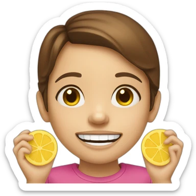 a girl with brown hair with two yellow crisps instead of her 2 front tooth sticker