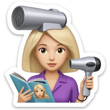 chica en la peluqueria con un secador en la cabeza y leyendo una revista sticker
