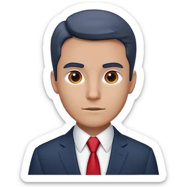 man wearing a dark blue-gray business suit with a white shirt and a red tie sticker