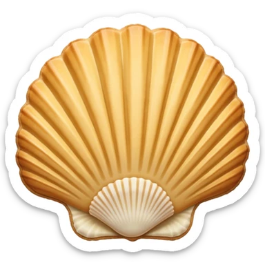 A madeleine pastry. Scalloped seashell shape with ONLY four to five vertical lines going in the same direction. Light golden brown. Scalloped edge. Cookie. Flat. Long. Oval shape. Lets scallops. sticker