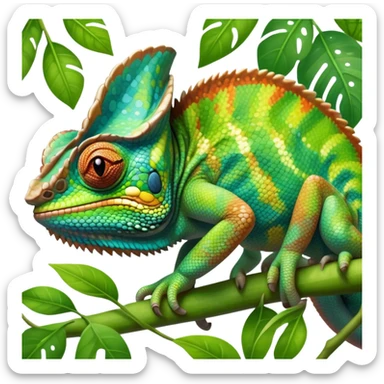 giant-chameleon-realistic emoji,-blending-with-vibrant-greenery.-detailed-scales-in-shifting-colors,-showing-the-chameleon’s-ability-to-camouflage.-soft-natural-light-highlights-its-texture.-nature-background, zoomed into its face sticker