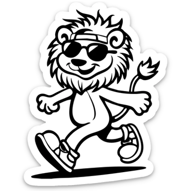 playful lion mascot in black-and-white, striding with confidence, sunglasses, backwards cap, sneakers, bold thick outlines, no internal color, vintage rubber hose animation style sticker