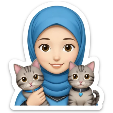Asian White girl wearing hijab holding a black grey tabby cat while smiling.  The cat is wearing a blue collar sticker
