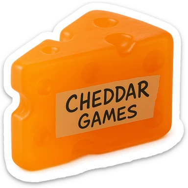 Make the cheddar block much more translucent, with a bright orange gummy bear hue. Keep the classic block shape and Swiss-style holes, soft flat plastic texture, soft reflections, slightly squishy and cloudy appearance, not shiny, glowing a little. Add 'Cheddar Games' written in sharp messy handwriting on tape on the side. No background. Hyper-realistic, retro, and visually stunning style. sticker