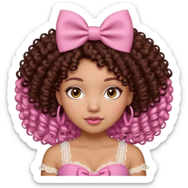 medium-light kinned afro-latina girl with medium length chocolate brown side part curly hair, brown eyes, pink sweetheart necklined top with lace, round wide-ish nose, chubby long shaped face, pink hair bow sticker