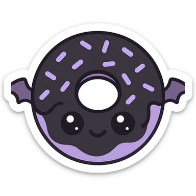 kawaii style gothic donut, cute face, black icing, purple sprinkles, tiny bat wings, playful yet spooky sticker