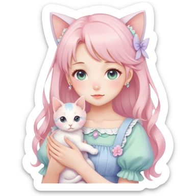  gorgeous-pastel-anime-style-lady-with-blushing-face-and-holding-a-kitten-cottagecore-fairycore-pastelcore-colorful-pearly-romantic-simplistic-aesthetic-trending-style sticker