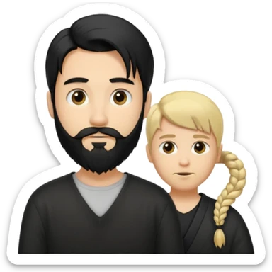 Man with long black hair tied in a tail and beard with a young blond short-haired without a beard sticker